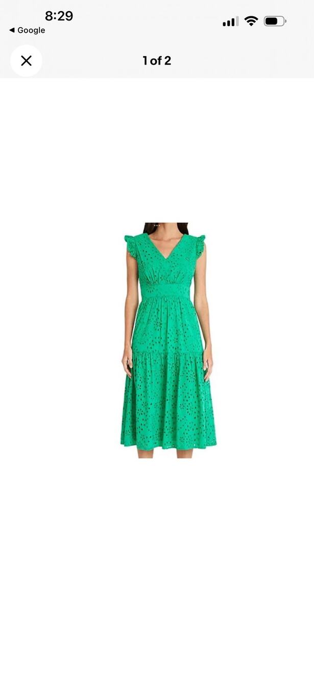 Maggy London Tiered Midi Dress Green Eyelet Embroidered Cotton NWT Size 8